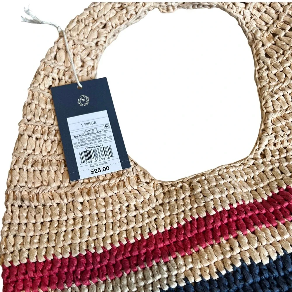 NWT‎ Universal Thread Women's Raffia Hobo Bag Tan Red Blue Stripe Shoulder Tote